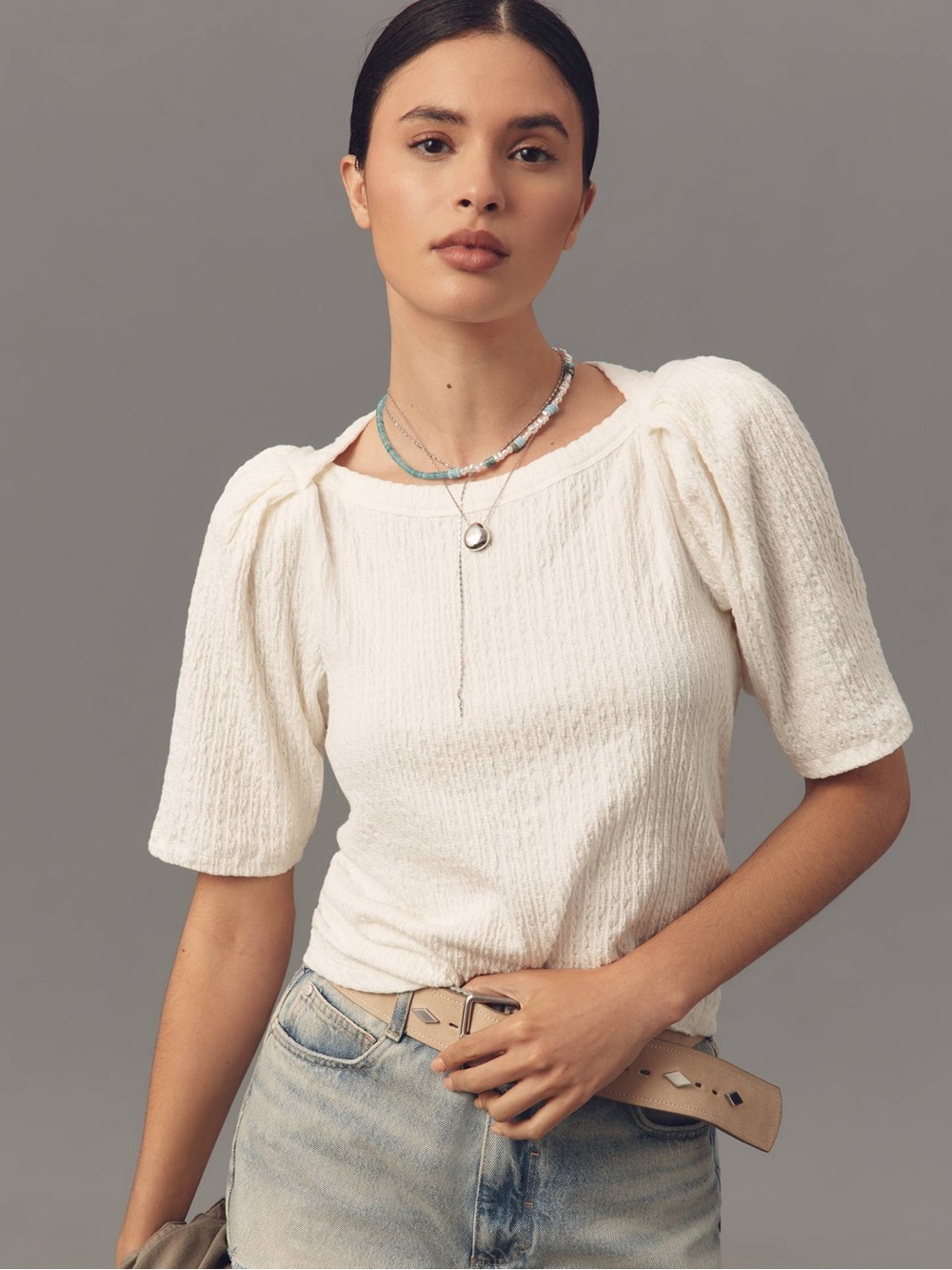 Nation LTD White Deana Textured Envelope Pleated Puff Sleeve Tee Size Large
